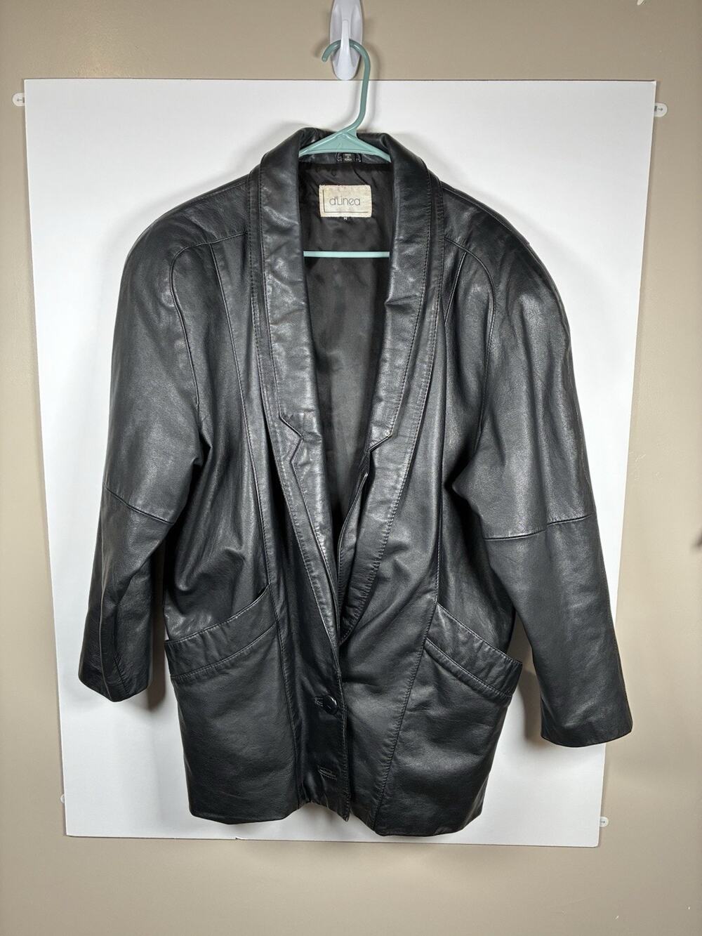 Vtg 80s d'Linea Womens M Black Leather Jacket Oversized Shawl Collar Blazer
